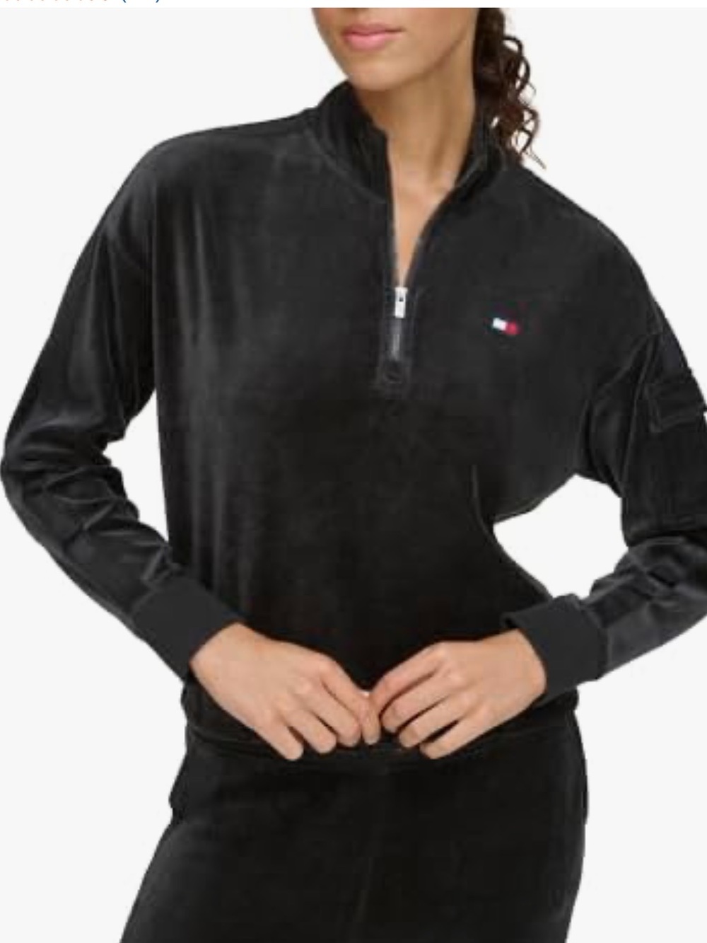NWT Tommy Hilfiger Black Velour Cropped Half-Zip Pullover Size M & L